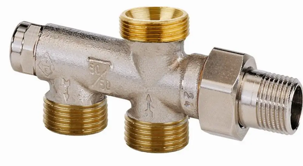 Einrohrverteiler mit Absperrung aus Metall, zwei seitlichen Anschlussnippeln und einem zentralen Anschluss. Produkt von IMI Hydronic Engineering.